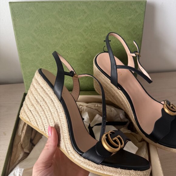 NWT Gucci 85mm GG Platform Espadrilles Sandal Beige Jute Wedge Black Leather - Picture 8 of 12